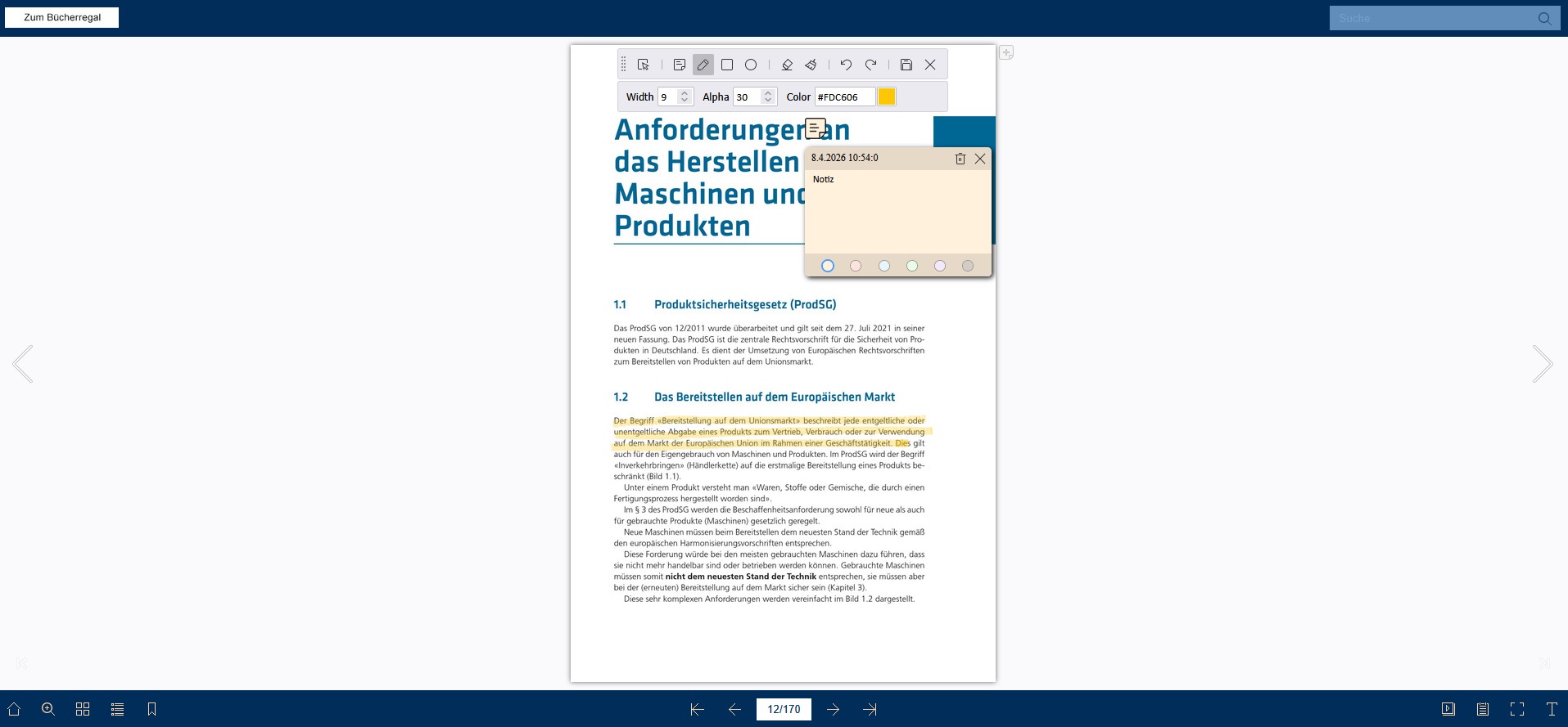 Das Bild zeigt die Notizen- und Markierunfunktion eines Flipbooks in der Vogel E-Library.