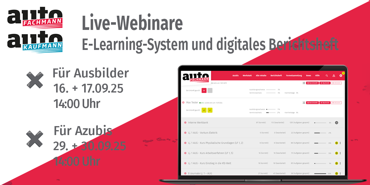 Monitor mit E-Learning-System autoFACHMANN, Termine der Webinare: 16.-17.09.2025, 29.-30.09.2025