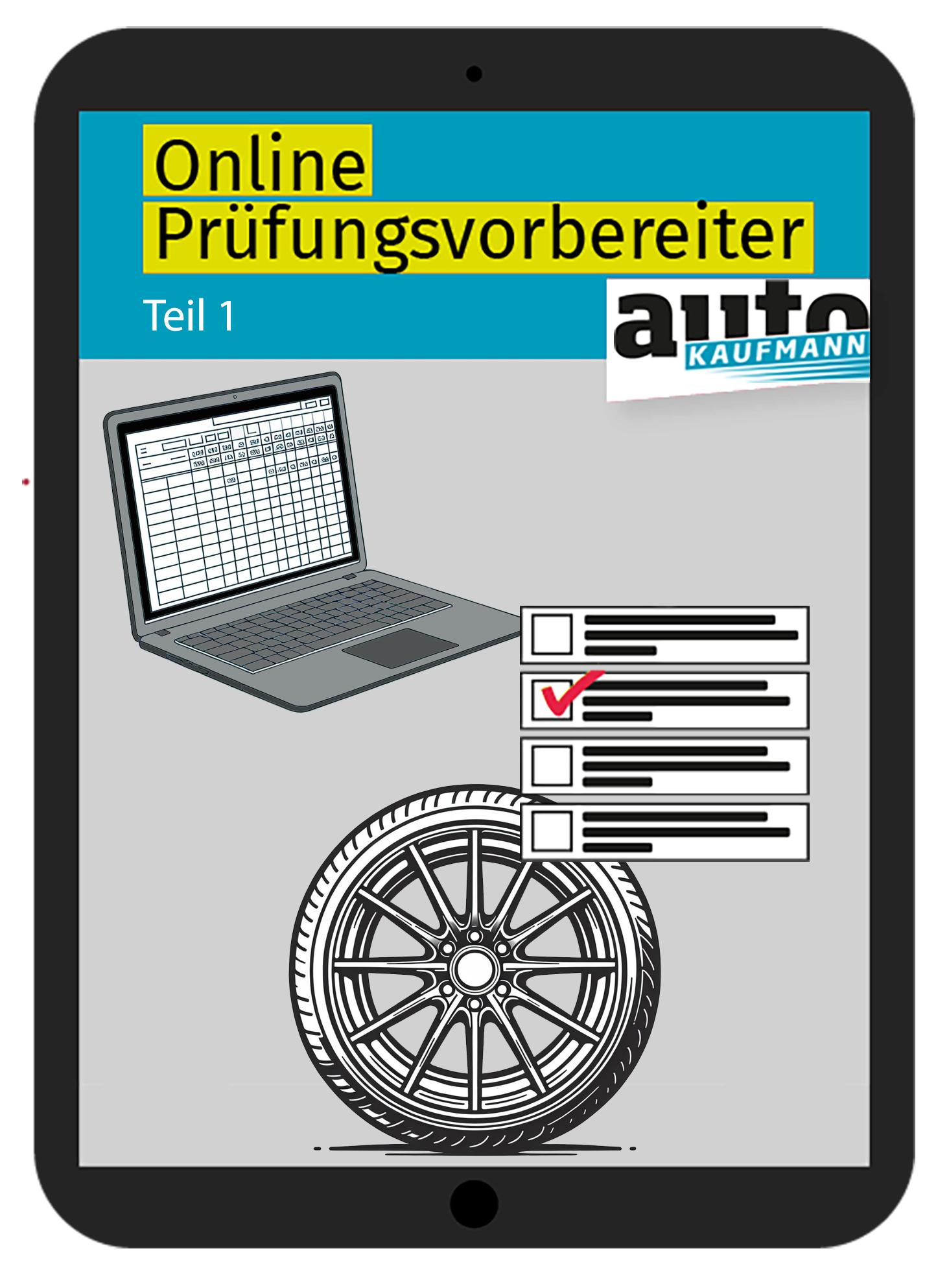 autoKAUFMANN Online-Prüfungsvorbereiter Tablet mit autoKAUFMANN Online-Prüfungsvorbereiter für Automobilkaufleute Teil 1